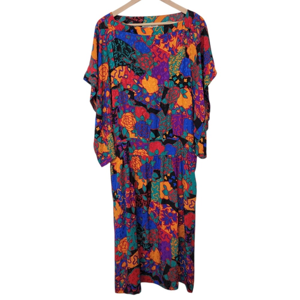 Vtg Albert Nipon Dress Size 10 Drop Waist 100% Silk Dolman Maximalist Floral Art